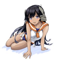 Rule 34 | 1girl, :d, black hair, blouse, blue one-piece swimsuit, dark-skinned female, dark skin, full body, headgeat, i-400 (kancolle), kantai collection, leaning to the side, long hair, looking at viewer, one-piece swimsuit, open mouth, purple eyes, sailor collar, shirt, sitting, sleeveless, sleeveless shirt, smile, solo, swept bangs, swimsuit, swimsuit under clothes, tk8d32, very long hair, white background, white shirt