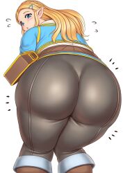Rule 34 | 1girl, ass, blonde hair, blue eyes, blush, braid, brown footwear, commentary request, feet out of frame, from behind, grey pants, hair ornament, hairclip, highres, knees together feet apart, leaning forward, long hair, looking at viewer, looking back, nintendo, notice lines, orizen, pants, parted lips, pointy ears, princess zelda, sidelocks, simple background, solo, tareme, the legend of zelda, thick thighs, thighs, white background