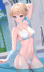 Rule 34 | 1girl, absurdres, angrycat (tkuw2438), bare legs, bikini, blonde hair, blue archive, blue eyes, blue hair, blue halo, blue jacket, blush, breasts, closed mouth, cowboy shot, groin, halo, highres, jacket, medium breasts, multicolored hair, navel, open clothes, open jacket, partially submerged, pool, short hair, solo, streaked hair, swimsuit, toki (blue archive), water, wet, white bikini