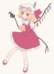 Rule 34 | 1girl, ankle socks, ascot, bad id, bad twitter id, blonde hair, bow, crystal, flandre scarlet, frilled shirt collar, frills, gomi (kaiwaresan44), hat, highres, laevatein, mob cap, puffy short sleeves, puffy sleeves, red bow, red eyes, red footwear, red skirt, red vest, ribbon, shirt, short hair, short sleeves, side ponytail, simple background, skirt, smile, socks, solo, touhou, vest, white shirt, wings