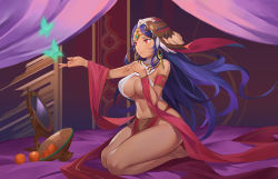 Rule 34 | 1girl, absurdres, armlet, artist request, bare shoulders, bedroom, blue hair, blush, breasts, bug, butterfly, closed mouth, curtains, dancer, dark-skinned female, dark skin, female focus, forehead jewel, from side, full body, highres, indoors, insect, large breasts, lisa (sdorica), long hair, looking away, mirror, mole, mole under eye, nail polish, navel, parted bangs, pelvic curtain, red eyes, red nails, revealing clothes, sdorica, seiza, sitting, solo, thighs, very long hair