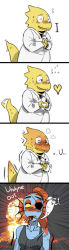 Rule 34 | 2girls, 4koma, alphys, bad id, bad tumblr id, blood, blood from mouth, blue skin, blush, colored sclera, colored skin, comic, creature, emphasis lines, english text, explosion, eyepatch, eyeshadow, fins, fish, full-face blush, gills, giving up the ghost, glasses, head fins, heart, heart hands, highres, lab coat, makeup, monster girl, motion lines, multiple girls, nise (wraith615), no pupils, open mouth, pointing, pointing at self, ponytail, red hair, so moe i&#039;m gonna die!, sweat, nervous sweating, tail, tail wagging, tank top, undertale, undyne, yellow sclera, yellow skin, yuri