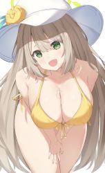 Rule 34 | 1girl, bare shoulders, bikini, blue archive, breasts, cleavage, front-tie bikini top, front-tie top, green eyes, halo, hat, head tilt, highres, large breasts, light brown hair, long hair, looking at viewer, nonomi (blue archive), nonomi (swimsuit) (blue archive), nyuu (pixiv12143565), open mouth, side-tie bikini bottom, simple background, smile, solo, sun hat, swimsuit, thighs, very long hair, white background, white hat, yellow bikini