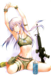 Rule 34 | 1girl, absurdres, armband, armpits, arms up, assault rifle, bottle, breasts, camouflage, collarbone, dog tags, fuyuno haruaki, gun, highres, long hair, low twintails, midriff, navel, one eye closed, purple eyes, purple hair, rifle, scan, sitting, small breasts, solo, sports bra, stretching, thigh strap, twintails, wariza, water bottle, weapon, wink, woodland camouflage, wristband