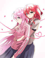 Rule 34 | 2girls, absurdres, blue eyes, blue skirt, bocchi the rock!, cube hair ornament, gotoh hitori, hair ornament, highres, hug, hug from behind, jacket, kita ikuyo, long hair, looking at viewer, multiple girls, pink hair, pink jacket, pink track suit, red hair, school uniform, shuka high school uniform, simple background, skirt, totsuka saika (totsukasaika59), white background, yellow eyes, yuri