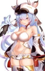Rule 34 | 1girl, :d, animal ears, animal hood, animal print, armpit crease, bare shoulders, black panties, blue hair, bow, breasts, catura (granblue fantasy), choker, cleavage, collarbone, cow ears, cow girl, cow hood, cow print, cow tail, cowboy shot, detached sleeves, fake animal ears, gold trim, granblue fantasy, hair between eyes, highleg, highleg panties, highres, hood, kei (soundcross), large breasts, long hair, long sleeves, looking at viewer, micro shorts, midriff, navel, open fly, open mouth, orange eyes, panties, shirt, short shorts, shorts, sidelocks, skindentation, smile, solo, stomach, strapless, strapless shirt, string panties, tail, tail bow, tail ornament, tassel, thighhighs, thighs, underwear, very long hair, white choker, white shirt, white shorts, white thighhighs