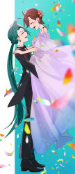 Rule 34 | 00kashian00, 2girls, :d, absurdres, age difference, ahoge, black coat, black footwear, black pants, blush, brown hair, carrying, coat, commentary, creatures (company), dress, earrings, falling petals, flower, game freak, green hair, hair flower, hair ornament, happy, highres, jewelry, juliana (pokemon), long hair, multiple girls, nintendo, off-shoulder dress, off shoulder, open clothes, open coat, open mouth, pants, petals, pink flower, pokemon, pokemon sv, ponytail, rika (pokemon), shoes, short hair, smile, standing, wife and wife, yuri