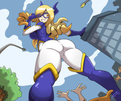 Rule 34 | 10s, 1girl, alternate eye color, arms up, ass, blonde hair, blue sky, bodysuit, boku no hero academia, breasts, building, city, cloud, crowd, domino mask, drill hair, from below, giant, giantess, grin, gunshad, hair over one eye, happy, horns, huge ass, lamppost, large breasts, long hair, looking back, mask, mount lady, orange eyes, outdoors, size difference, skin tight, sky, smile, standing, superhero costume, teeth, thighhighs, tree, v