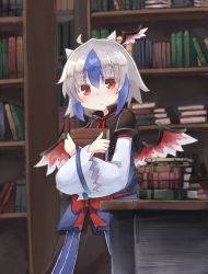 Rule 34 | 1girl, :&lt;, absurdres, ahoge, bird wings, black capelet, blue hair, blurry, blurry background, blush, book, hugging book, book stack, bookshelf, bow, capelet, closed mouth, colored eyelashes, counter, crosshatching, dress, expressionless, eyes visible through hair, feet out of frame, hair between eyes, hands up, hatching (texture), head wings, highres, holding, holding book, horns, indoors, kibisake, library, linear hatching, long sleeves, looking at viewer, low wings, multicolored hair, neck ribbon, hugging object, popped collar, puffy sleeves, red bow, red eyes, red ribbon, ribbon, short hair, silver hair, single head wing, solo, standing, streaked hair, tokiko (touhou), touhou, two-tone hair, white horns, wide sleeves, wings