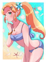Rule 34 | 1girl, beach, bent over, bikini, blonde hair, blush, braid, breasts, cleavage, elf, embarrassed, flower, flower on head, green eyes, highres, jewelry, long hair, navel, necklace, nintendo, nonoworks, pointy ears, ponytail, princess zelda, seashell, shell, shiny skin, sidelocks, starfish, swimsuit, the legend of zelda, the legend of zelda: breath of the wild, thighs, triforce