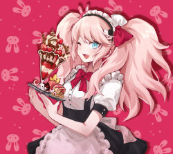 Rule 34 | 1girl, absurdres, alternate costume, apron, blue eyes, bow, bowtie, breasts, cowboy shot, danganronpa: trigger happy havoc, danganronpa (series), enmaided, enoshima junko, hair ornament, highres, holding, hy (fjvlg), long hair, looking at viewer, maid, puffy short sleeves, puffy sleeves, red background, red bow, red bowtie, short sleeves, smile, twintails, waist apron