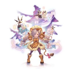 Rule 34 | 1girl, alternate costume, animal costume, animal ears, animal hands, boots, bow, bowtie, dress, elephant, food-themed hair ornament, granblue fantasy, hair ornament, hair over one eye, harvin, lion costume, lion ears, lion tail, long hair, looking at viewer, musical note, niyon (granblue fantasy), niyon (lejonskrik) (granblue fantasy), official alternate costume, official art, pantyhose, pointy ears, pumpkin hair ornament, purple hair, rabbit, red eyes, simple background, sparkle, tail, transparent background, twintails, unicorn