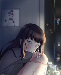 Rule 34 | 1girl, absurdres, blue eyes, brown hair, crossed arms, from side, grey shirt, highres, hugging own legs, indoors, kurosawa dia, long hair, looking at viewer, love live!, love live! sunshine!!, mole, mole under mouth, poster (object), shirt, short sleeves, solo, straight hair, tsukki, tsushima yoshiko