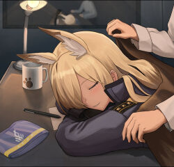 Rule 34 | 1girl, 1other, aisumegane, animal ear fluff, animal ears, blanket, blonde hair, blue archive, blue shirt, blush, closed eyes, commentary request, cup, desk lamp, dog ears, dog girl, elbows on table, hair over one eye, head rest, highres, holding, holding blanket, indoors, kanna (blue archive), lamp, mug, paper, parted bangs, parted lips, pen, picture frame, police, police uniform, policewoman, shirt, sleeping, smile, uniform, unworn armband, white shirt