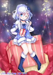 Rule 34 | 1girl, alternate costume, anchor, blue bow, blue dress, blue eyes, blue footwear, blue hat, blue ribbon, blush, boots, bow, box, buttons, capelet, character name, choker, colored eyelashes, detached sleeves, dress, frills, full body, gift, gift box, hat, holding, holding gift, leaning on object, long sleeves, looking at viewer, mini hat, one eye closed, parted lips, ribbon, sigsbee (warship girls r), silver hair, smile, solo, tengxiang lingnai, text focus, warship girls r
