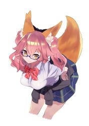 Rule 34 | 1girl, animal ear fluff, animal ears, black bow, black sweater, blue-framed eyewear, blue skirt, blush, bow, bowtie, breasts, buttons, closed mouth, clothes around waist, collared shirt, cowboy shot, cropped legs, fate/grand order, fate (series), fox ears, fox tail, glasses, hair bow, hajime (hajime-ill-1st), hands on own hips, highres, large breasts, leaning forward, official alternate costume, pink hair, plaid, plaid skirt, red bow, red bowtie, school uniform, semi-rimless eyewear, shirt, simple background, skirt, sleeves rolled up, smile, solo, sweater, sweater around waist, tail, tamamo (fate), tamamo no mae (jk) (fate), two side up, under-rim eyewear, wavy hair, white background, white shirt, yellow eyes
