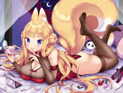 Rule 34 | 1girl, animal ear fluff, animal ears, ass, blonde hair, blue eyes, blush, braid, breasts, bridal gauntlets, brown thighhighs, china dress, chinese clothes, cleavage, cleavage cutout, clothing cutout, crescent moon, double bun, dress, fox ears, fox girl, fox tail, full body, hair bun, indoors, large breasts, lips, long hair, looking at viewer, lying, makeup, miyano ururu, moon, night, no shoes, on stomach, original, short eyebrows, smile, solo, tail, thighhighs, very long hair