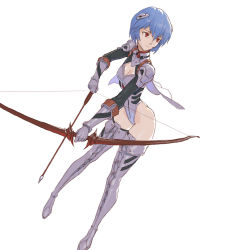 Rule 34 | 1girl, adapted costume, arrow (projectile), ayanami rei, blue hair, boots, bow (weapon), cape, cross-laced footwear, drawing bow, elbow gloves, gloves, hair ornament, highres, holding, holding bow (weapon), holding weapon, interface headset, lace-up boots, leotard, loped, neon genesis evangelion, plugsuit, red eyes, solo, thigh boots, thighhighs, weapon, white footwear, white thighhighs