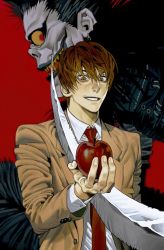 Rule 34 | 2boys, apple, black hair, brown eyes, brown hair, death note, earrings, fangs, food, fruit, highres, jewelry, multiple boys, necktie, red background, ryuk, shinigami, simple background, t5rch, weapon, yagami light