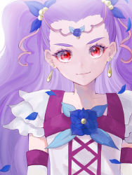 Rule 34 | 1girl, absurdres, ap (pixiv74197750), blue bow, bow, closed mouth, collarbone, earrings, hair bow, highres, jewelry, long hair, looking at viewer, milky rose, petals, precure, purple hair, red eyes, shirt, smile, solo, twintails, upper body, very long hair, white shirt, yes! precure 5, yes! precure 5 gogo!