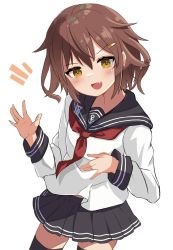 Rule 34 | 1girl, anchor symbol, badge, black sailor collar, black skirt, black thighhighs, blush, breasts, brown eyes, brown hair, cowboy shot, fang, hair between eyes, hair ornament, hairclip, highres, ikazuchi (kancolle), jewelry, kantai collection, looking at viewer, neckerchief, o-sirius, open mouth, pleated skirt, red neckerchief, ring, sailor collar, school uniform, serafuku, short hair, simple background, skirt, small breasts, smile, solo, thighhighs, wedding band, white background