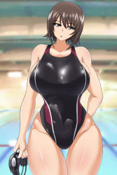 Rule 34 | 10s, 1girl, aged up, black one-piece swimsuit, blurry, breasts, brown eyes, brown hair, collarbone, competition swimsuit, cowboy shot, curvy, depth of field, female focus, girls und panzer, goggles, hand on own hip, head tilt, highleg, highleg swimsuit, holding, huge breasts, indoors, looking at viewer, nishizumi maho, one-piece swimsuit, parted lips, pool, shiny clothes, shiny skin, short hair, solo, standing, swimsuit, thigh gap, thighs, wide hips, yasumon