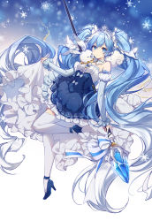 Rule 34 | 1girl, absurdly long hair, animal ears, aqua boe, aqua eyes, aqua hair, artist name, artist request, bare shoulders, beamed eighth notes, blue background, blue bow, blue dress, blue eyes, blue footwear, blue hair, blue high heels, blush, bow, breasts, center frills, choker, cleavage, collarbone, commentary, detached sleeves, dress, eighth note, female focus, frilled skirt, frills, full body, hatsune miku, high heels, highres, holding, holding scepter, juliet sleeves, long hair, long sleeves, looking at viewer, musical note, pantyhose, print skirt, puffy sleeves, pumps, rabbit ears, rabbit yukine, scepter, shirt, shoes, skirt, small breasts, smile, snowflake print, snowflakes, snowing, solo, staff, strapless, striped, striped sleeves, thighhighs, tiara, twintails, vertical stripes, very long hair, vocaloid, white choker, white pantyhose, white shirt, white skirt, white sleeves, white thighhighs, yuki miku, yuki miku (2019), zhong chai