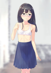 Rule 34 | 1girl, black hair, blue neckerchief, blue skirt, blush, bow, bow bra, bra, breasts, brown eyes, collarbone, embarrassed, glasses, highres, long hair, looking to the side, neckerchief, onihito, polka dot, polka dot bra, skirt, small breasts, standing, underwear, undone neckerchief, undressing, white bra