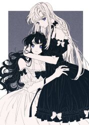 Rule 34 | 2girls, bad id, bad twitter id, bare shoulders, black bow, black dress, black hair, blue eyes, border, bow, choker, closed mouth, collarbone, detached sleeves, dress, dress bow, expressionless, frilled dress, frills, greyscale with colored background, highres, hug, jocobong, long hair, looking at viewer, monochrome, multiple girls, off-shoulder dress, off shoulder, original, outside border, puffy short sleeves, puffy sleeves, purple eyes, short sleeves, spot color, very long hair, wavy hair, white border, white bow, white dress, white hair, yuri