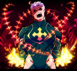 Rule 34 | 1boy, alternate eye color, alternate hair color, bara, black bodysuit, black sclera, bodysuit, bulge, clothing cutout, colored sclera, covered abs, covered navel, facial hair, fighting stance, fire, glowing, glowing eyes, halo, highres, large pectorals, lisuchi, male focus, muscular, pectorals, red eyes, short hair, skin tight, solo, stubble, thigh cutout, thighs, tokyo houkago summoners, upper body, white hair, zabaniyya (housamo)