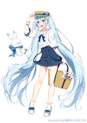 Rule 34 | 1girl, 1other, adjusting clothes, adjusting headwear, asagao minoru, bag, beamed eighth notes, blue bow, blue eyes, blue hair, blue neckwear, blue skirt, boater hat, bow, bracelet, buttons, camera, charm (object), commentary request, contrapposto, crypton future media, floral print, fortissimo, full body, hair ornament, hairclip, hand up, hat, hat bow, hatsune miku, highres, holding, holding bag, holding camera, jewelry, light blue hair, long hair, looking at viewer, miniskirt, musical note, musical note hair ornament, musical note print, neck ribbon, quarter note, rabbit, rabbit yukine, ribbon, shirt, short sleeves, skirt, smile, snowflake ornament, standing, suspender skirt, suspenders, twintails, very long hair, vocaloid, white background, white bow, white shirt, yuki miku