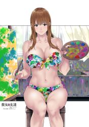 Rule 34 | 1girl, bare shoulders, bikini, blush, breasts, brown eyes, brown hair, canvas (object), cleavage, closed mouth, dirty, eyebrows hidden by hair, feet out of frame, female focus, groin, highres, holding, indoors, jyura, kanojo no tomodachi, knees together feet apart, large breasts, legs, light blush, long hair, looking at viewer, multicolored nails, nail polish, navel, original, paint, paintbrush, painting (action), palette (object), partially visible vulva, pussy, sink, sitting, solo, stool, strapless, strapless bikini, swimsuit, thighs