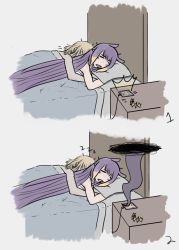 Rule 34 | 2girls, bed, blonde hair, drooling, headpiece removed, highres, hololive, hololive english, jayded 0, long hair, multiple girls, ninomae ina&#039;nis, open mouth, pillow, purple hair, sleeping, tentacle hair, virtual youtuber, watson amelia, yuri, zzz