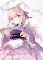 Rule 34 | 1girl, albino, animal, animal ears, bad id, bad pixiv id, blonde hair, closed mouth, cowboy shot, fox ears, frilled sleeves, frills, fur, garland (decoration), green ribbon, hair ribbon, holding, holding tray, japanese clothes, kimono, long hair, long sleeves, looking at viewer, original, pink eyes, pink skirt, pleated skirt, puracotte, purple background, purple ribbon, rabbit, red eyes, ribbon, sash, simple background, skirt, solo, standing, tray, wavy hair, wide sleeves