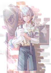Rule 34 | 1boy, absurdres, aged down, blue eyes, blue shorts, brick wall, child, collared shirt, commission, elezen, elf, feet out of frame, final fantasy, final fantasy xiv, flower, grey hair, grin, hair between eyes, haurchefant greystone, highres, holding, holding flower, holding stuffed toy, lily (flower), long sleeves, looking at viewer, male focus, pointy ears, second-party source, shield, shirt, short hair, shorts, smile, solo, standing, stuffed toy, stuffed unicorn, suspender shorts, suspenders, sword, wangdajiu1, weapon, white background, white flower, white shirt