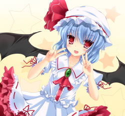 Rule 34 | 1girl, :d, bat wings, blue hair, blush, collarbone, double v, dress, dutch angle, female focus, fujieda uzuki, hat, looking at viewer, open mouth, red eyes, remilia scarlet, ribbon, short hair, smile, solo, star (symbol), touhou, v, wings