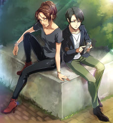 Rule 34 | 1boy, 1girl, arm support, black footwear, black hair, black jacket, black pants, blouse, boots, bracelet, brown eyes, brown hair, collarbone, contemporary, day, full body, glasses, green pants, grey shirt, hange zoe, high ponytail, highres, holding, jacket, jewelry, lens flare, levi (shingeki no kyojin), necklace, null (chronix), open clothes, open jacket, outdoors, pants, parted lips, red footwear, shingeki no kyojin, shiny clothes, shirt, short hair, short sleeves, sitting, sunlight, white shirt