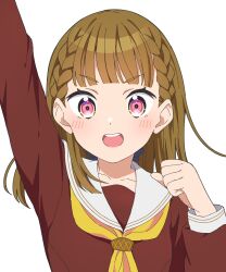 Rule 34 | 1girl, arm up, blunt bangs, blush, brown dress, brown hair, clenched hand, collarbone, commentary request, dress, hasu no sora school uniform, highres, jenny (je2live), kachimachi kosuzu, link! like! love live!, long sleeves, looking at viewer, love live!, medium hair, neckerchief, open mouth, pink eyes, sailor collar, school uniform, solo, teeth, upper body, upper teeth only, v-shaped eyebrows, virtual youtuber, white background, white sailor collar, winter uniform, yellow neckerchief