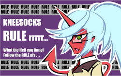 Rule 34 | 10s, 1girl, blazer, blue eyes, blue hair, colored skin, demon, demon girl, demon tail, dress shirt, english text, eyebrows, fang, glasses, green eyes, horns, jacket, kneesocks (psg), long hair, matching hair/eyes, multicolored eyes, necktie, nose, official style, open mouth, panty &amp; stocking with garterbelt, ponytail, red skin, school uniform, shirt, single horn, smile, solo, tail, text focus, thighhighs, white hair