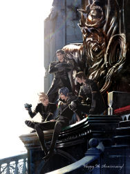 Rule 34 | 4boys, bad id, bad pixiv id, beard, black hair, blonde hair, brown hair, cape, commentary, english commentary, facial hair, final fantasy, final fantasy xv, formal, gladiolus amicitia, gloves, hinoe (dd works), ignis scientia, kingsglaive garb, looking at another, multiple boys, noctis lucis caelum, prompto argentum, sitting, smile, spiked hair, stairs, standing, statue