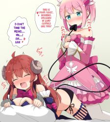 Rule 34 | 2girls, absurdres, ahoge, aikawa ryou, ass, bare shoulders, bed sheet, biting, black panties, blue eyes, blue thighhighs, blush, bow, breasts, brown hair, catchphrase, chiyoda momo, cleavage, closed eyes, collarbone, commentary, curled horns, demon girl, demon horns, demon tail, detached sleeves, dress, hair between eyes, hair ornament, hard-translated, heart, highres, horns, it&#039;s all shamiko&#039;s fault (meme), large breasts, long hair, long sleeves, machikado mazoku, meme, multiple girls, nose blush, open mouth, panties, pillow, pillow grab, pink bow, pink dress, pink hair, pink sleeves, side-tie panties, simple background, strapless, strapless dress, tail, tail biting, tail grab, thighhighs, third-party edit, translated, underwear, very long hair, white background, white thighhighs, yoshida yuuko (machikado mazoku), yuri