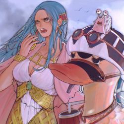 Rule 34 | 1girl, bird, blue hair, breasts, cleavage, commentary, dress, duck, earrings, english commentary, eyelashes, green eyes, hair ornament, highres, jewelry, karoo (one piece), large breasts, long hair, looking afar, mygiorni, nefertari vivi, one piece, open mouth, sad, serious, sky, snail, solo, tears, wavy hair