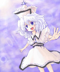 Rule 34 | 1girl, :d, blue eyes, blue hair, collar, dress, female focus, foreshortening, frills, hat, matching hair/eyes, merlin prismriver, open mouth, outstretched arms, purple background, silver hair, simple background, smile, solo, standing, tate eboshi, touhou, wavy hair, white dress