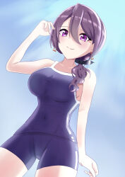 Rule 34 | 1girl, absurdres, alternate costume, bare shoulders, black ribbon, blue one-piece swimsuit, breasts, competition school swimsuit, earrings, hair between eyes, hair ribbon, highres, jewelry, large breasts, long hair, looking at viewer, magune, one-piece swimsuit, purple eyes, purple hair, ribbon, school swimsuit, single vertical stripe, smile, solo, swimsuit, tracen swimsuit, tsurugi ryoka, umamusume