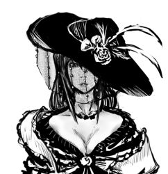 1girl adapted_costume bad_id bad_pixiv_id breasts cleavage female_focus greyscale hat kouzilow lowres monochrome nagae_iku solo touhou veil