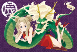 Rule 34 | 1girl, blonde hair, blue eyes, brown hair, chibikko (morihito), china dress, chinese clothes, double bun, dragon, dress, eastern dragon, eyebrows, hands on own face, high heels, long hair, morihito, original, purple theme, shoes, smile, solo, thick eyebrows
