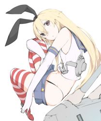 Rule 34 | 10s, 1girl, anchor, ass, blonde hair, brown eyes, elbow gloves, gloves, hair ornament, hairband, kantai collection, long hair, looking at viewer, patterned legwear, personification, rensouhou-chan, shimakaze (destroyer), shimakaze (kancolle), skirt, striped clothes, striped thighhighs, thighhighs, tugmix, two-tone stripes, white gloves, white stripes