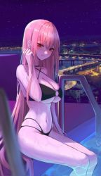 Rule 34 | 1girl, ame 816, bare arms, bare shoulders, bikini, black bikini, black choker, blonde hair, breasts, choker, chromatic aberration, city lights, cleavage, closed mouth, commission, cream (cream), criss-cross halter, earrings, halterneck, halterneck, hand up, highres, jewelry, large breasts, long hair, looking at viewer, mole, mole under eye, multi-strapped bikini, navel, night, o-ring, o-ring bikini, original, poolside, red eyes, rooftop, sitting, smile, solo, stomach, string bikini, swimsuit, thighs, very long hair, water, wet