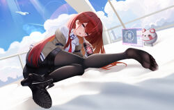 Rule 34 | 1girl, a shui, absurdres, ankle boots, belt, black pantyhose, black shorts, blue eyes, boots, brown hair, brown jacket, feet, fold-over boots, gears, high heel boots, high heels, highres, jacket, lab coat, legs, long hair, looking at viewer, makise kurisu, necktie, no shoes, open mouth, pantyhose, pantyhose under shorts, red necktie, shoe soles, shoes, shorts, single boot, soles, steins;gate, steins;gate 0, toes, zipper footwear