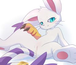 Rule 34 | 1girl, aftersex, ancesra, animal ears, animal hands, animal nose, aqua eyes, arm support, blush, body fur, cat ears, cat girl, cat tail, cleft of venus, closed mouth, cum, cum in pussy, cumdrip, digimon, digimon (creature), feet, female focus, furry, furry female, gloves, gradient background, half-closed eyes, hand on own knee, hand up, happy, highres, leaning back, looking at viewer, on floor, paw gloves, pawpads, pussy, seductive smile, simple background, sitting, smile, solo, spread legs, striped tail, tail, tail ornament, tail ring, tailmon, tile floor, tiles, uncensored, whiskers, white background, white fur, yellow gloves